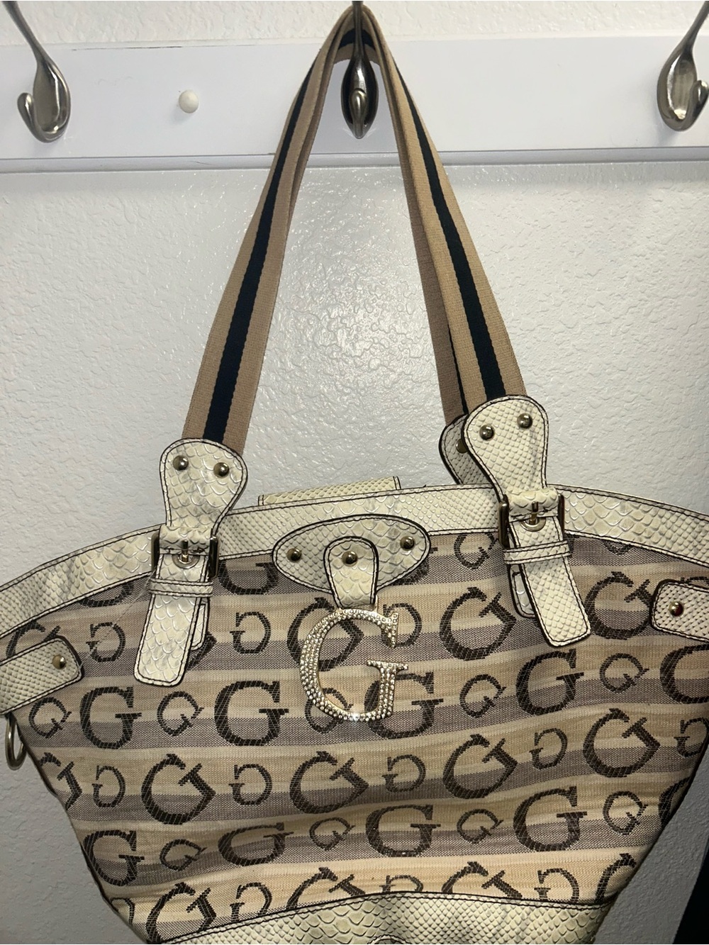 Guess Designer-Inspired Beige Logo Tote with Cream Trim